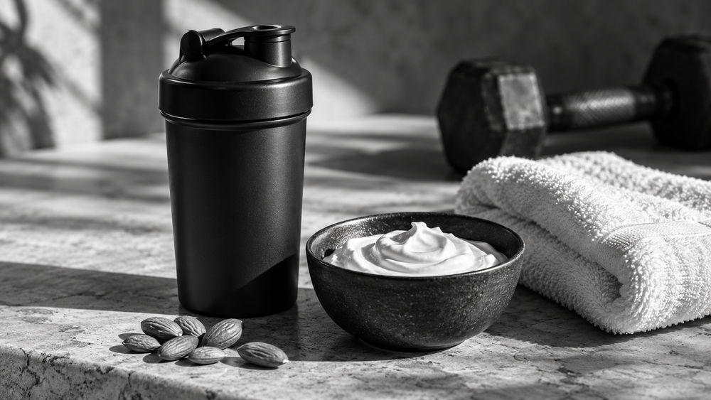 Ασπρόμαυρη φωτογραφία με shaker, γιαούρτι, αμύγδαλα και εξοπλισμό προπόνησης