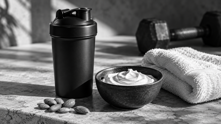Ασπρόμαυρη φωτογραφία με shaker, γιαούρτι, αμύγδαλα και εξοπλισμό προπόνησης